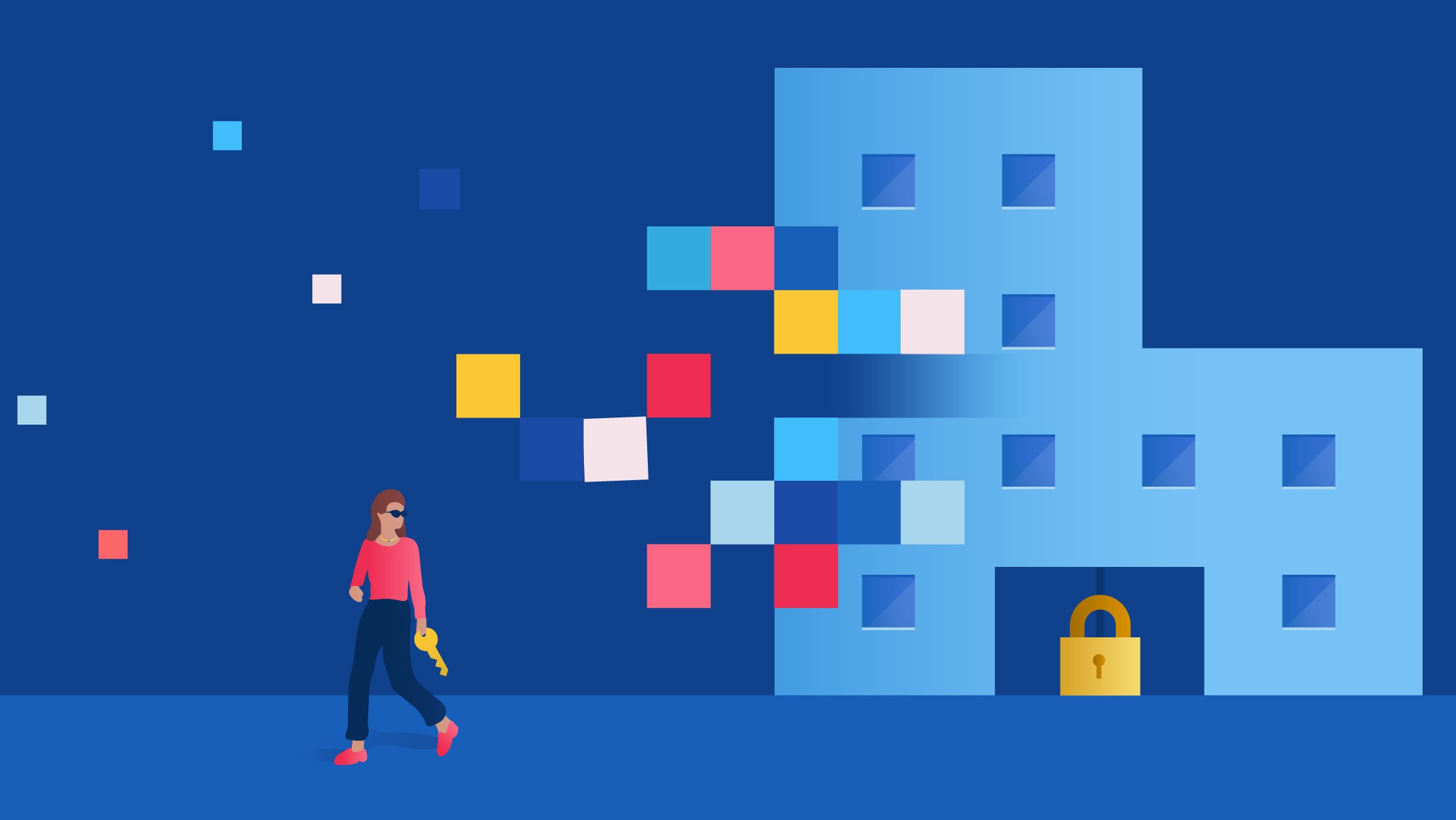 Pixelated illustration of an office building with a lock, and an investor holding a key.