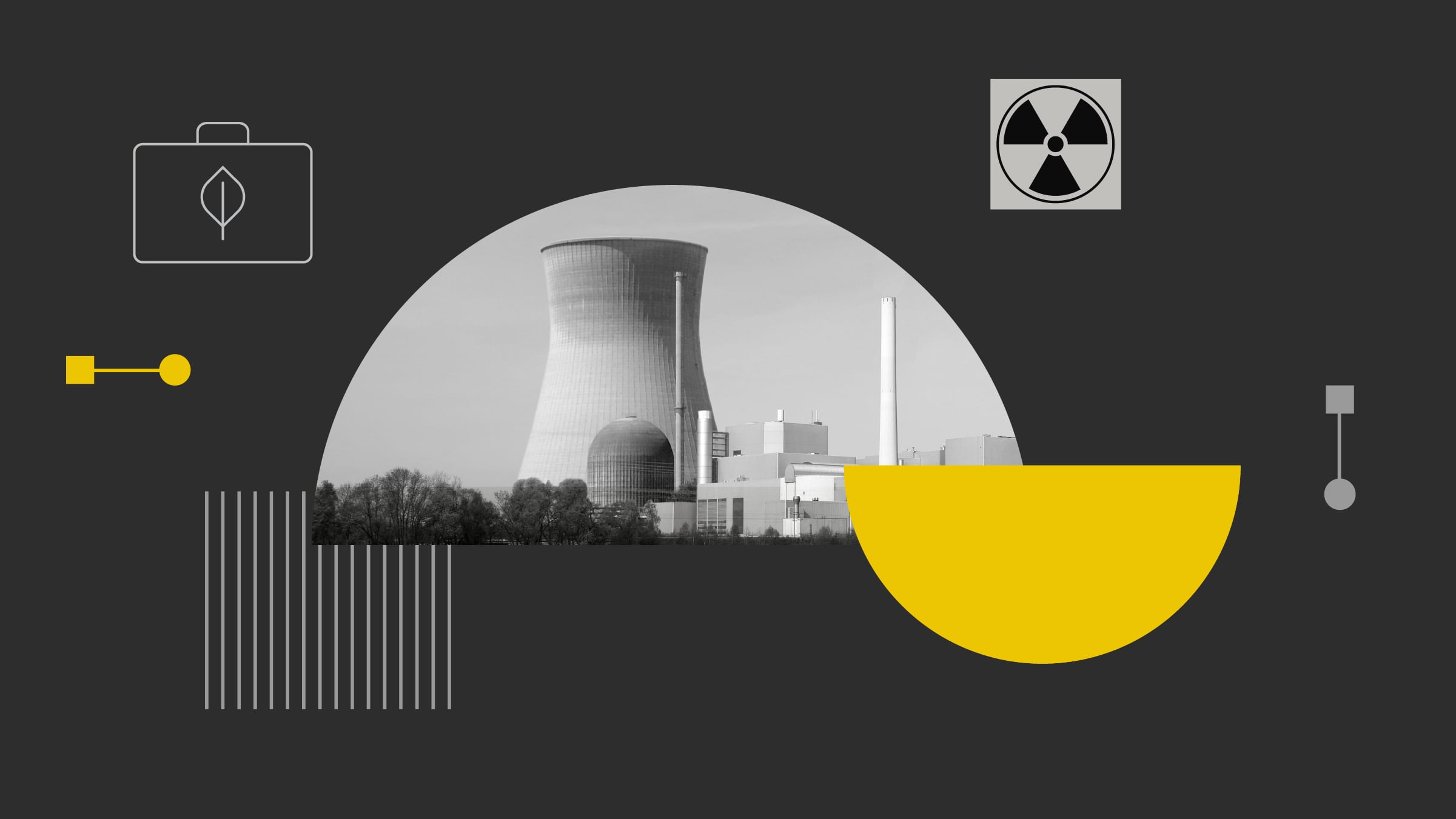 Collage of images depicting the nuclear power industry, featuring icons that represent nuclear energy and sustainability.