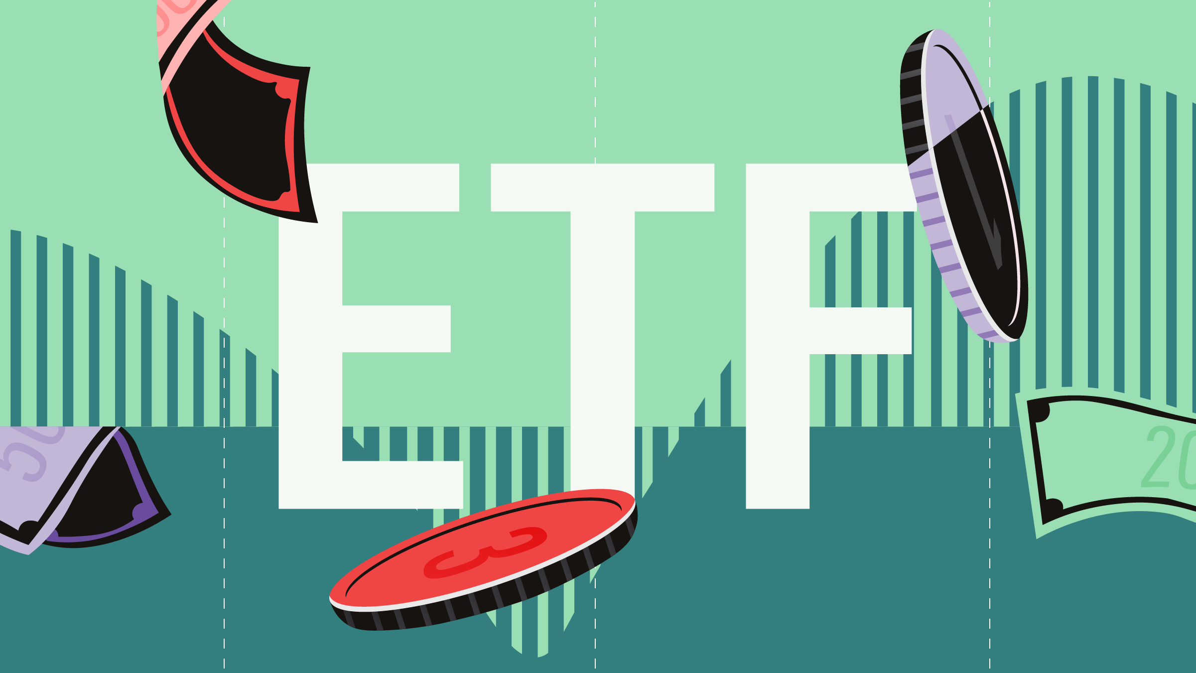 Illustration of generic coins and bills floating over graph with the 'ETF' in the center