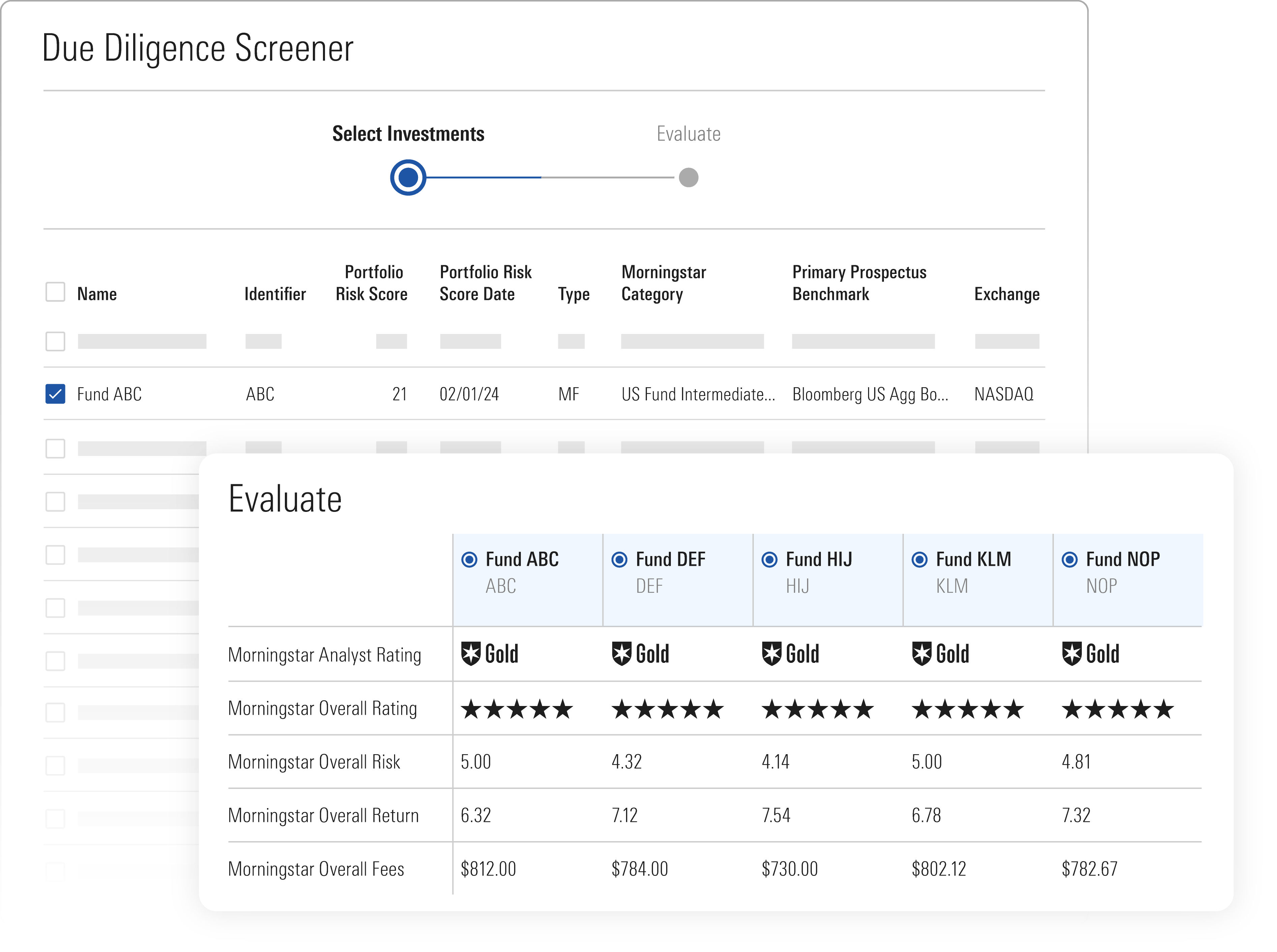 An illustration of the Due Diligence Screener, comparing five funds side by side. The tool shows differences in risk, return, and fees across options.
