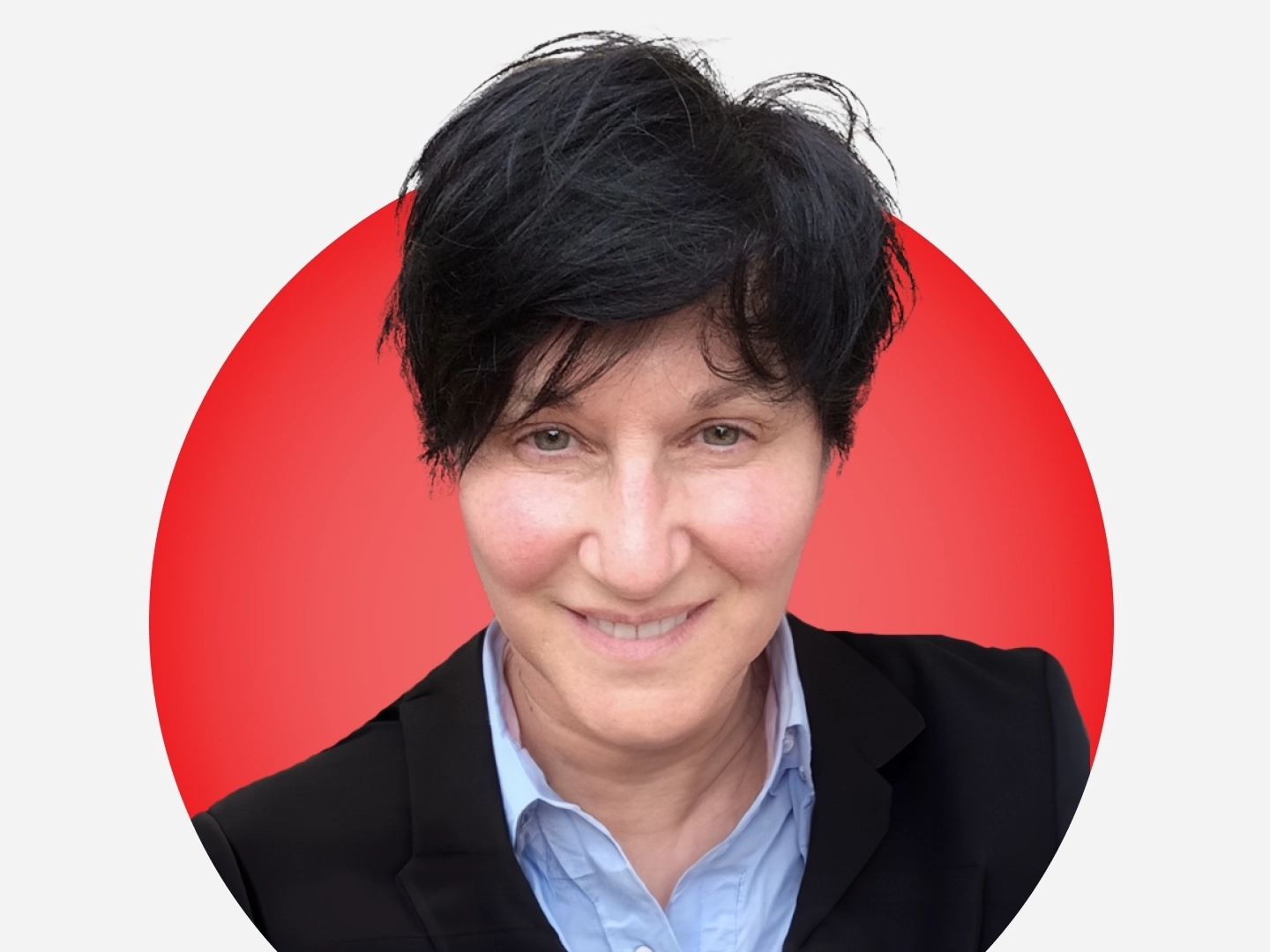 Headshot of Constance Viglas on a red circular background.