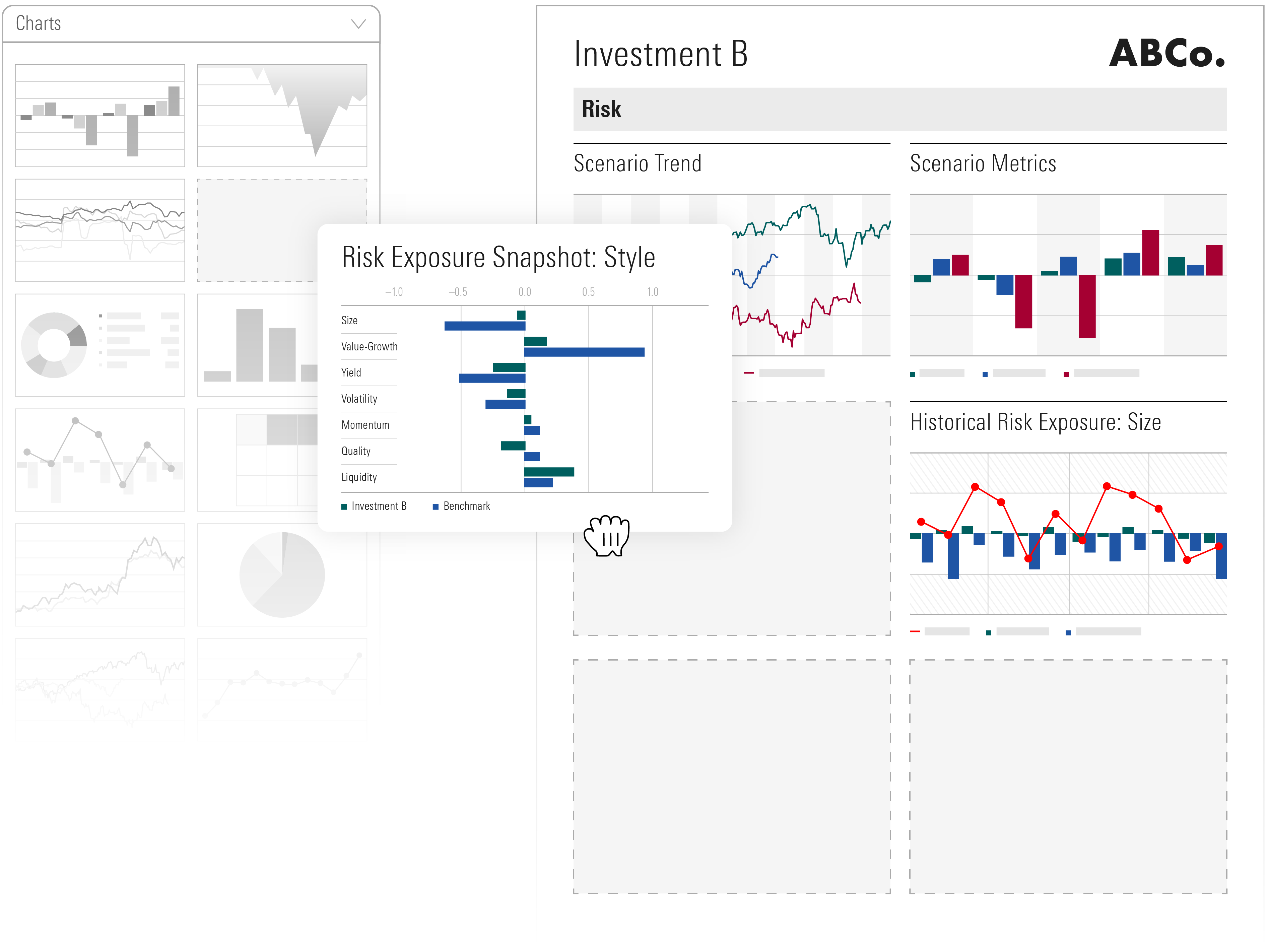 An illustration of drag-and drop charts in Presentation Studio, featuring a dozen chart design options.