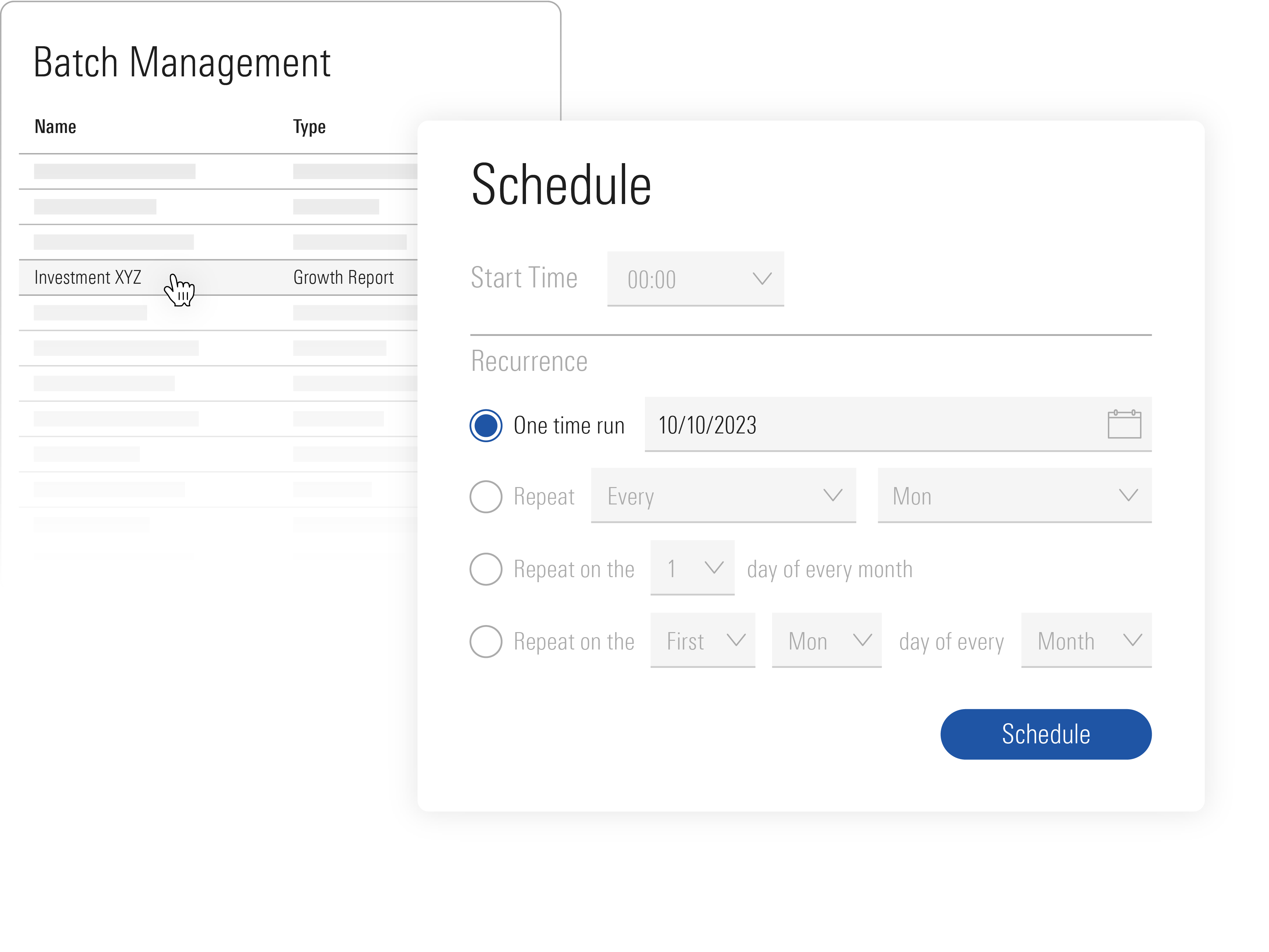An illustration demonstrating the ability to schedule a report to run at a custom cadence in Morningstar Direct Presentation Studio.