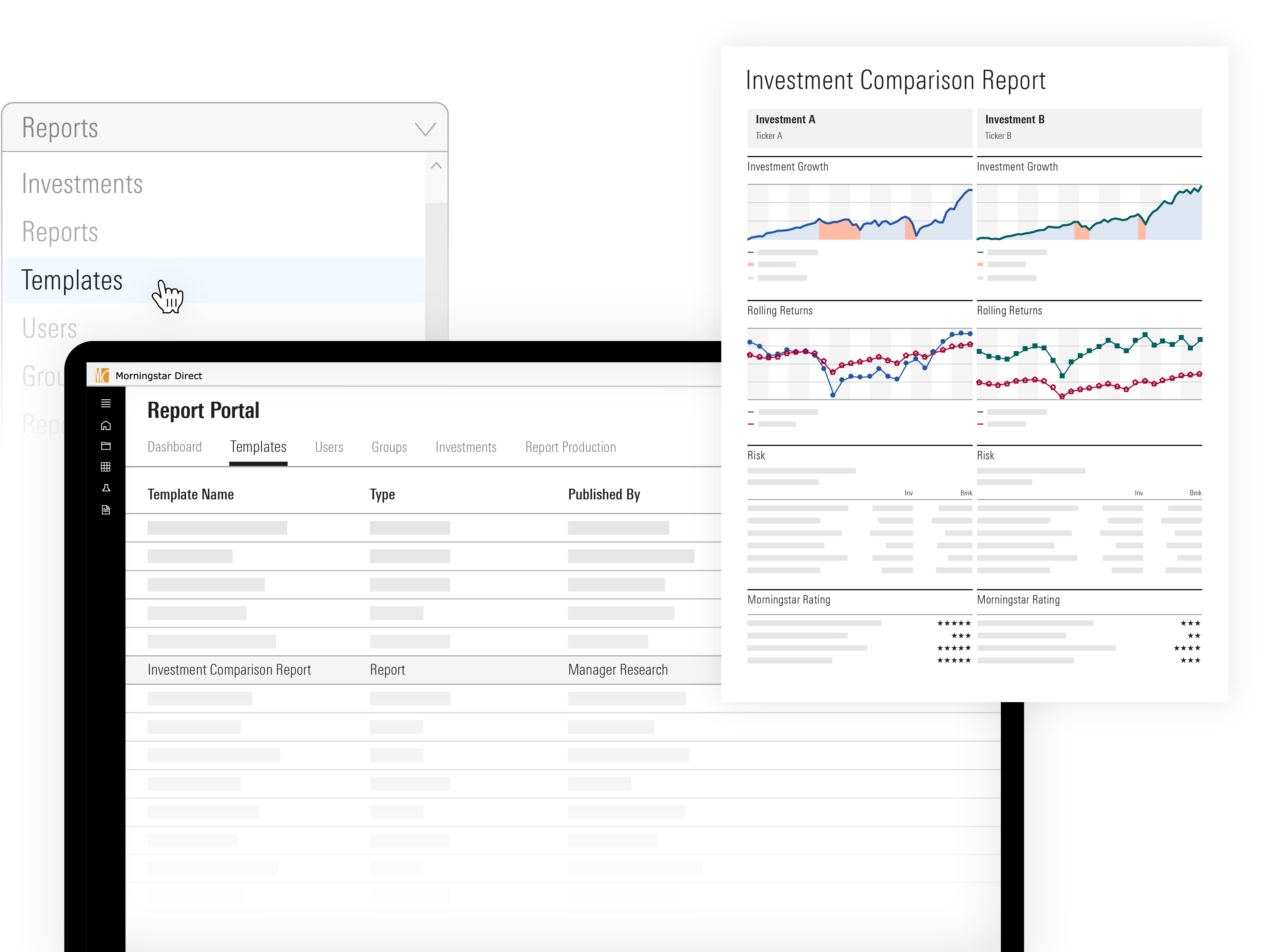 Illustration showing how sales and marketing teams can easily run investment comparison reports based on your firm's templates.