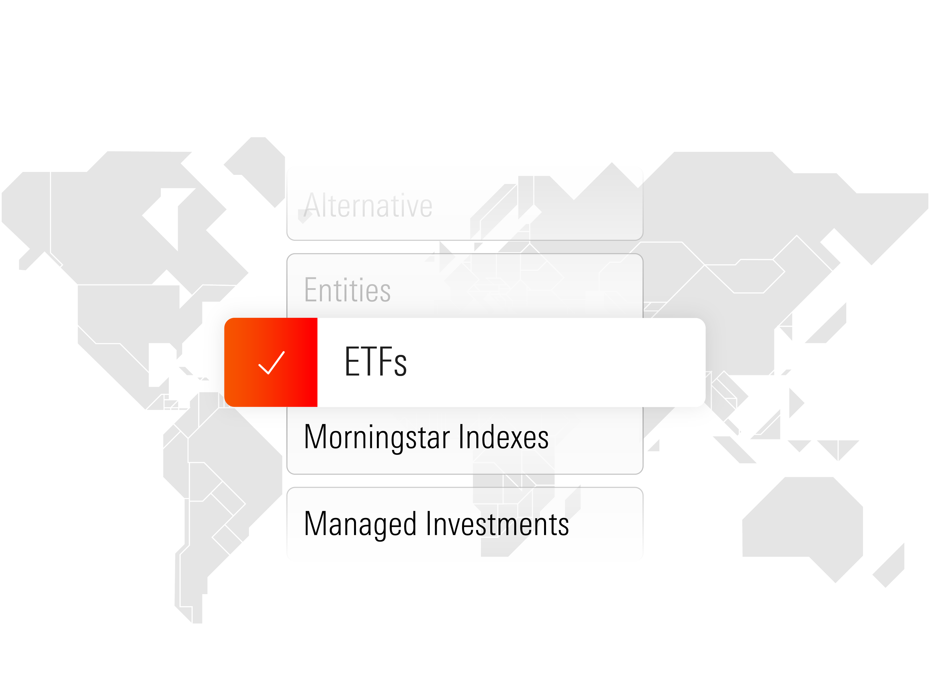 Covered asset classes and investment vehicles, including alternatives, entities, ETFs, Morningstar indexes, and managed investments.