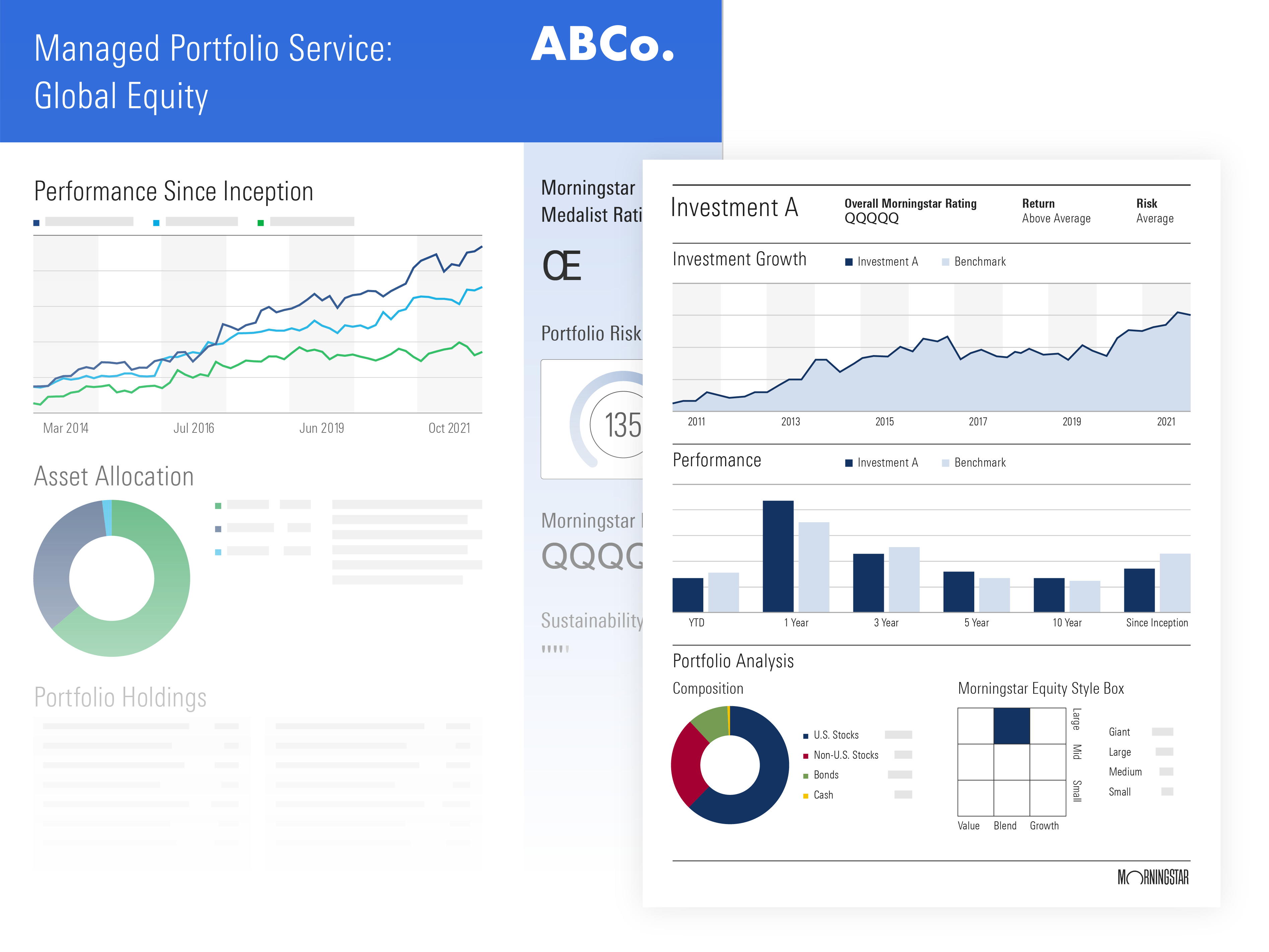 Sample report for a managed portfolio service, designed with the client's logo and brand colors.